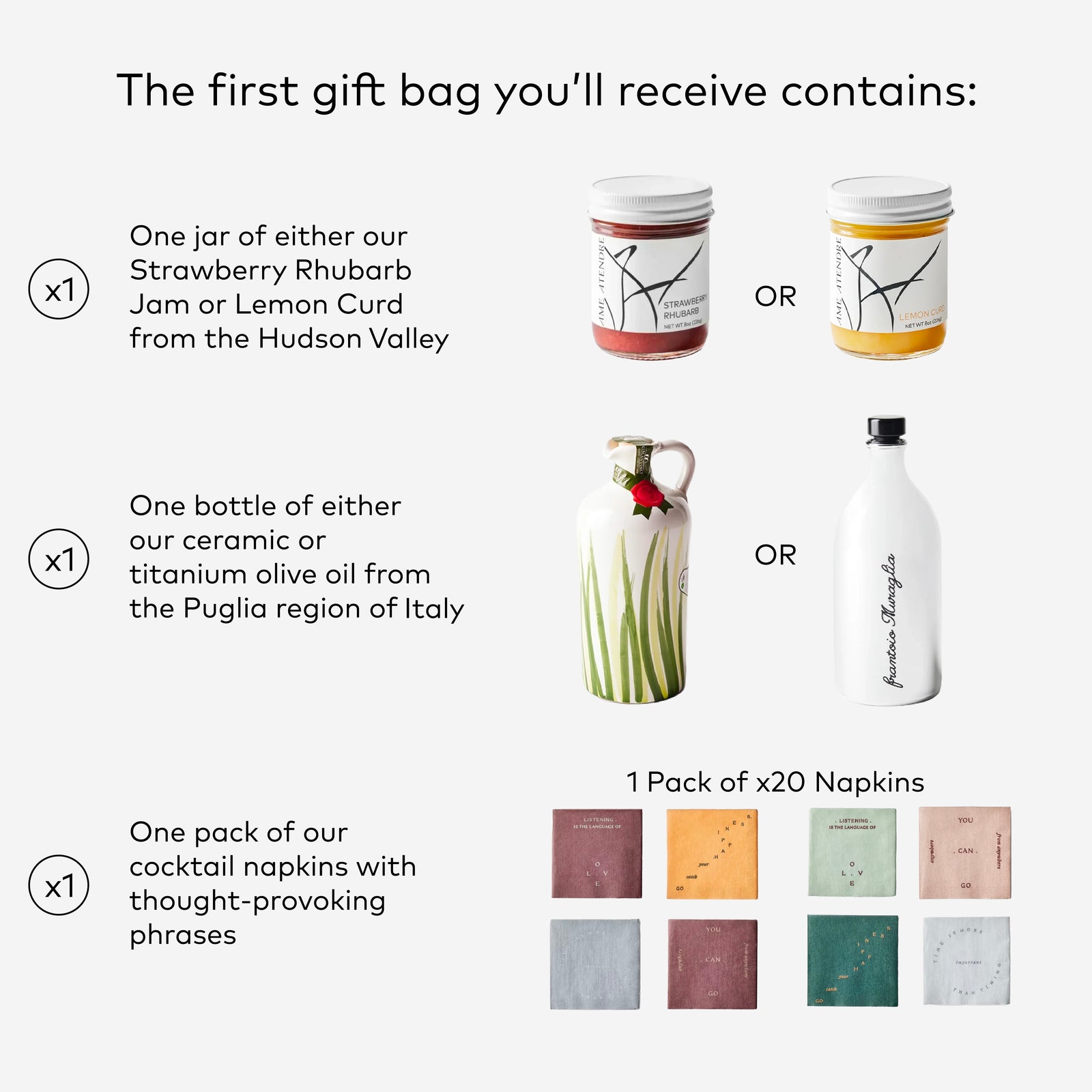 What is included in the first Ame Atendre Host Gift Bag