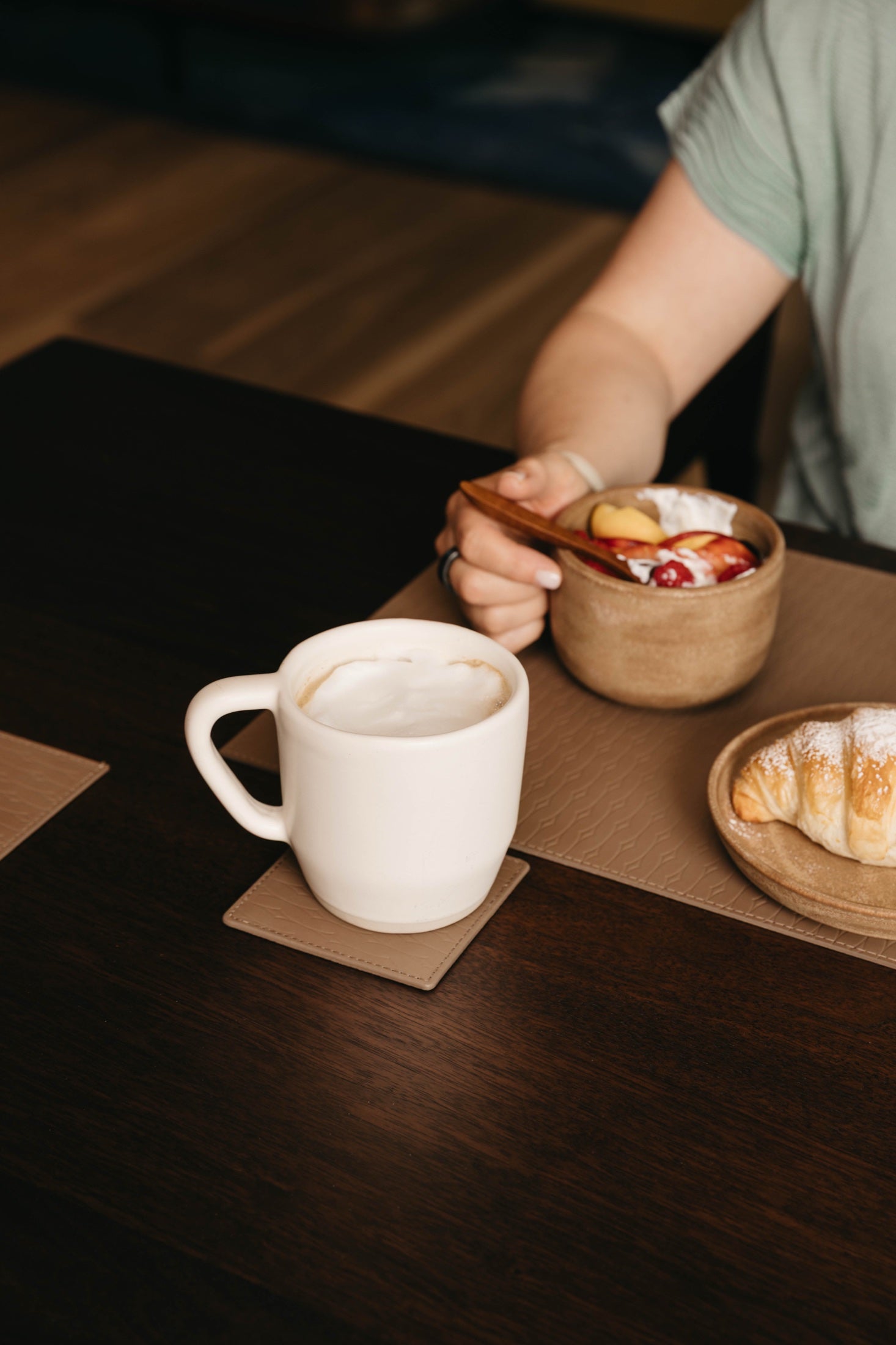 The Goldilocks Ceramic Mug with food and coffee