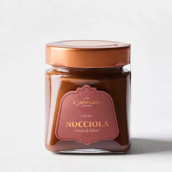 lavaratti nocciola chocolate hazelnut spread in a square glass jar with copper lid and elegant label