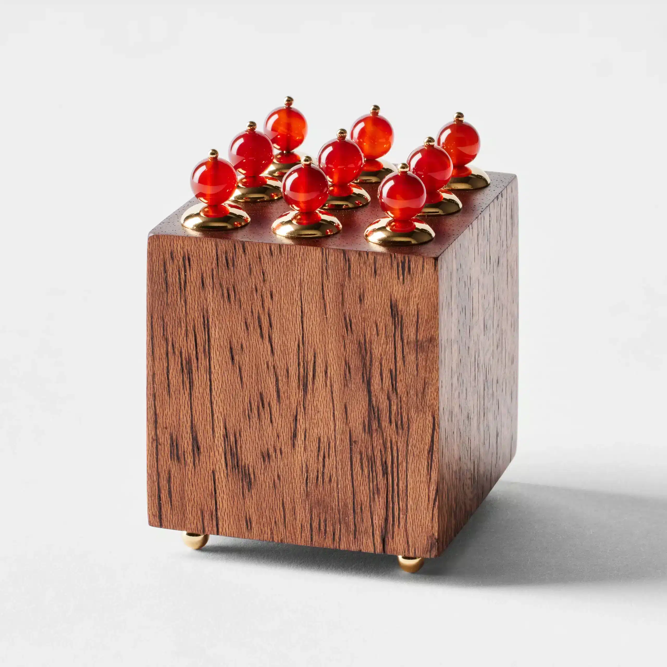 Salomé Cousseau 'Cubi Cornaline' sculpture with sapelli wood, carnelian beads, and gold-plated brass accents