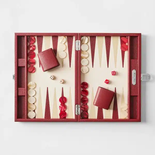 Luxury leather backgammon game set with red and cream pieces