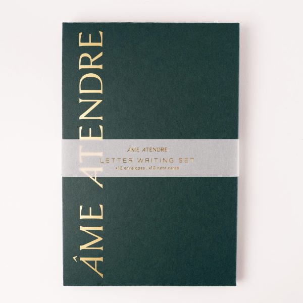 thank you letter writing set in green box with gold embossed text