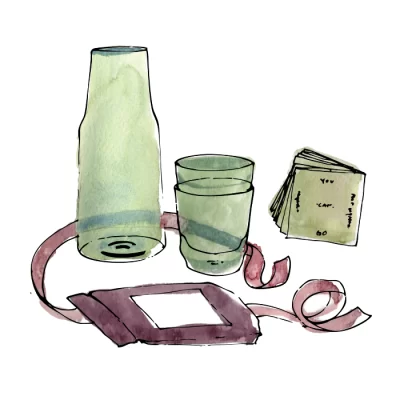 summer evening bundle with teal carafe, glasses, napkins, notecards, and ribbon